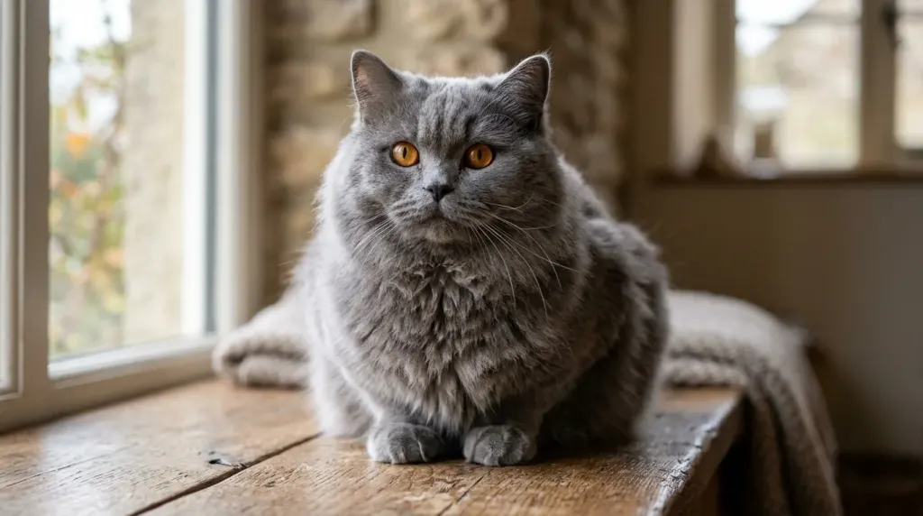 Close-up portrait of a British Longhair cat highlighting its full cheeks, copper eyes, and dense plush semi-long coat.