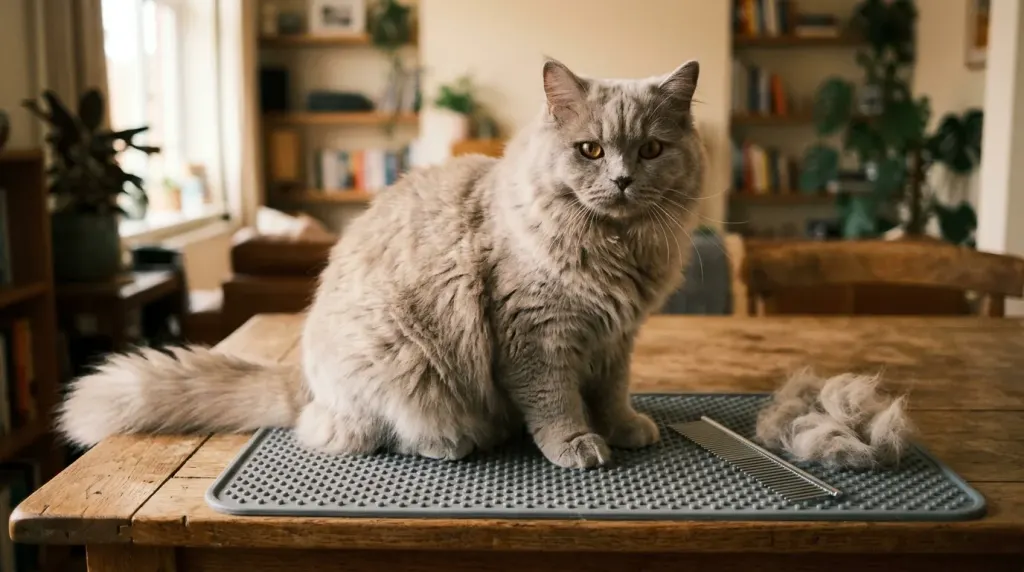 A British Longhair cat sitting on a grooming mat next to a metal comb during a routine coat care session.