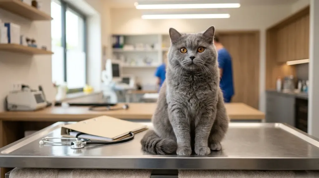 A British Longhair cat sitting calmly on an examination table during a preventive veterinary wellness screening.