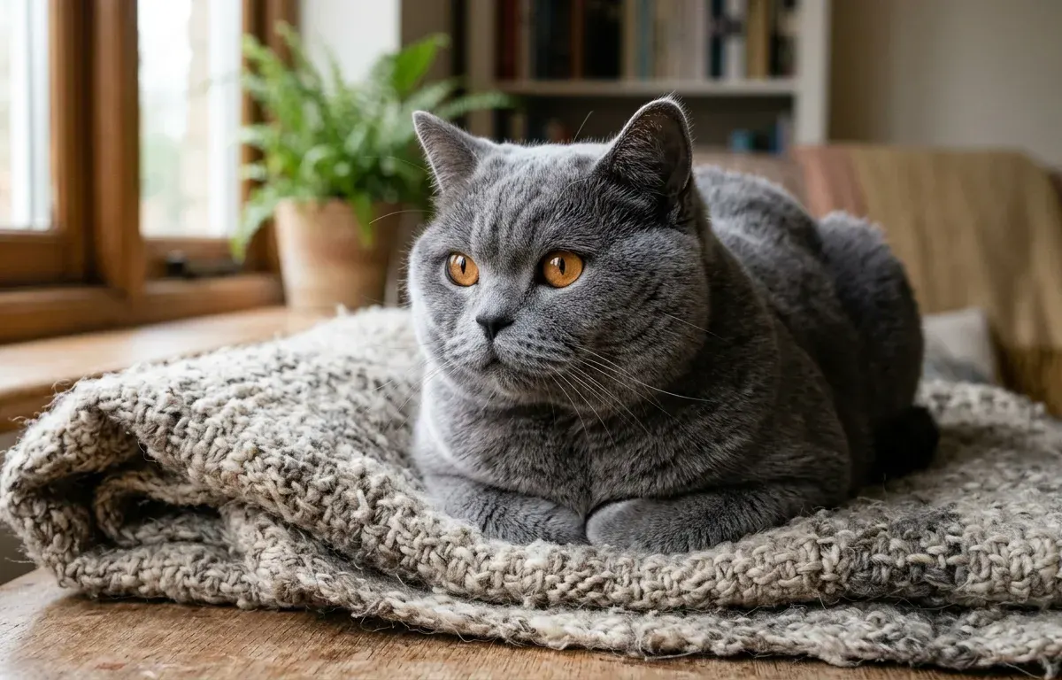 Adult British Blue Shorthair cat resting indoors with round copper eyes and plush blue coat