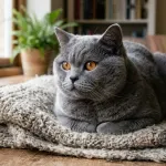 Adult British Blue Shorthair cat resting indoors with round copper eyes and plush blue coat
