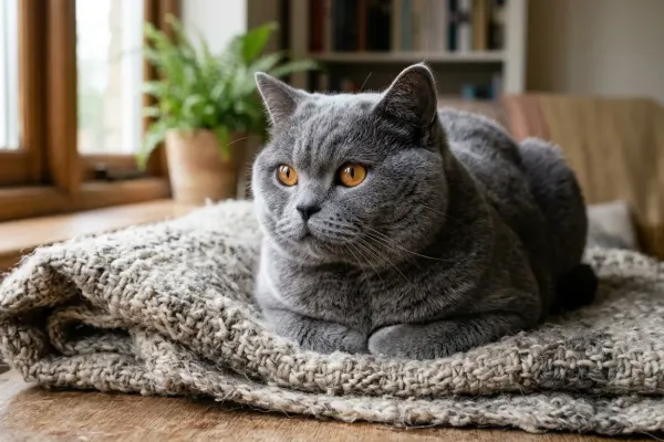 Adult British Blue Shorthair cat resting indoors with round copper eyes and plush blue coat
