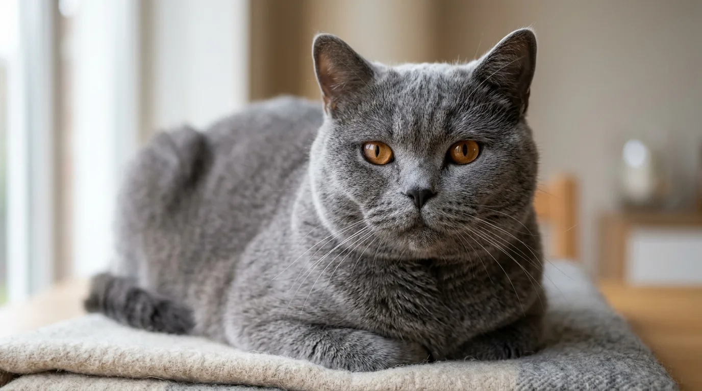 Close-up portrait of a British Shorthair cat showing round head shape and dense fur