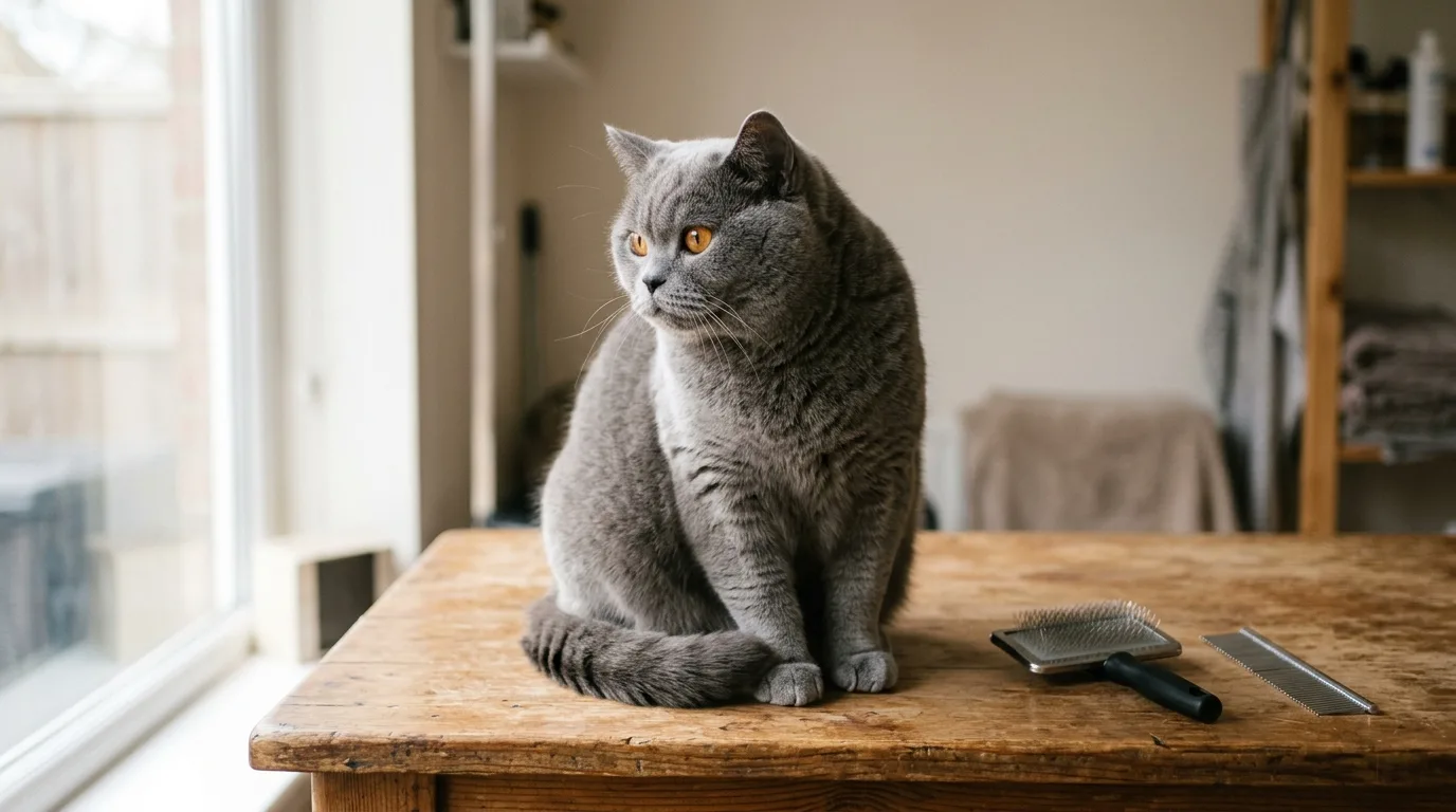 British Shorthair cat sitting calmly next to grooming tools for coat maintenance