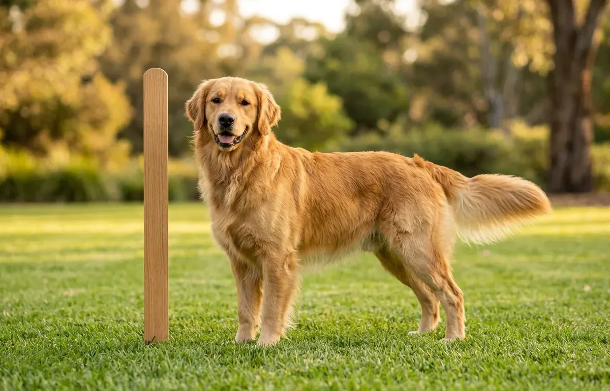 A full-grown male Golden Retriever standing outdoors showcasing adult size and height proportions.