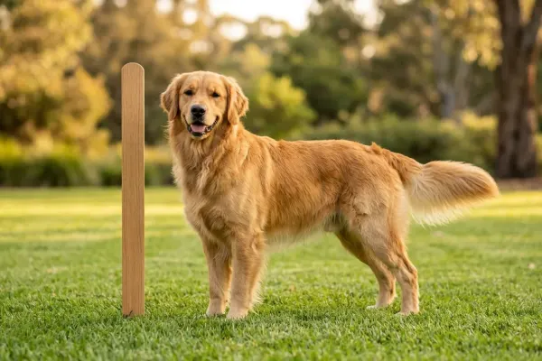 A full-grown male Golden Retriever standing outdoors showcasing adult size and height proportions.