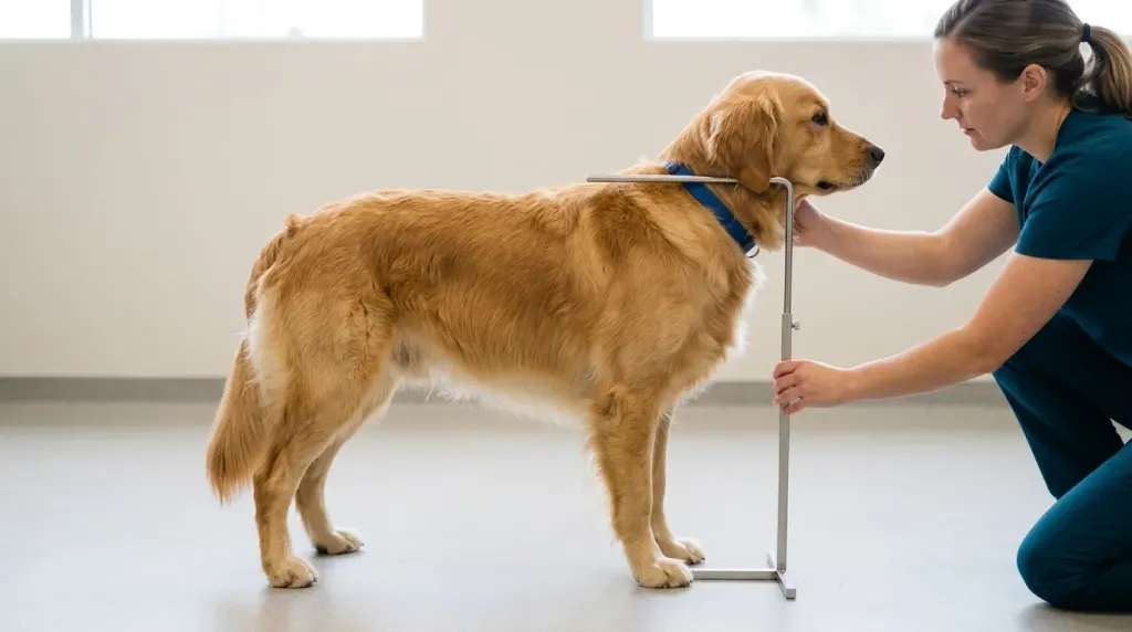 A Golden Retriever having its withers height measured accurately during a veterinary wellness exam.