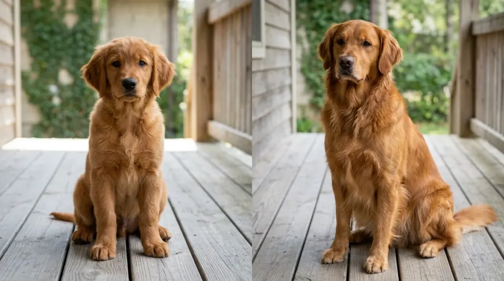A 4-month-old puppy sitting next to an adult Golden Retriever illustrating growth progression.