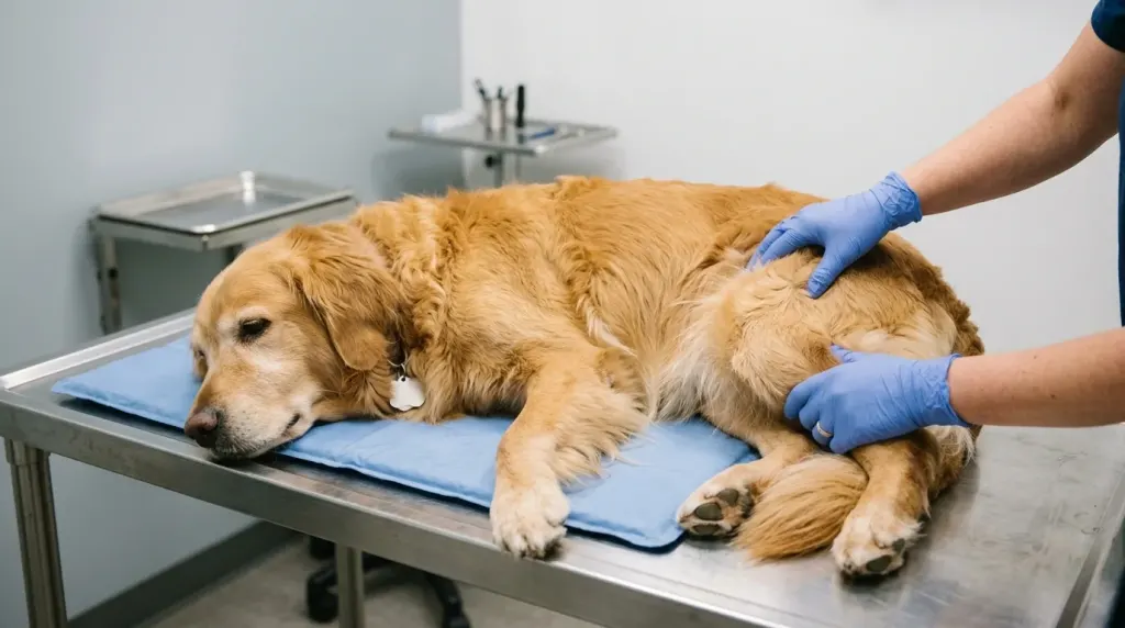 A veterinarian examining the hip and leg joints of a Golden Retriever to evaluate bone development.