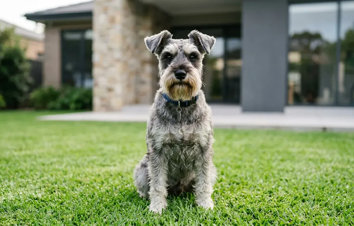 Purebred salt and pepper Miniature Schnauzer dog sitting attentively outdoors with signature beard and eyebrows.