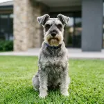 Purebred salt and pepper Miniature Schnauzer dog sitting attentively outdoors with signature beard and eyebrows.