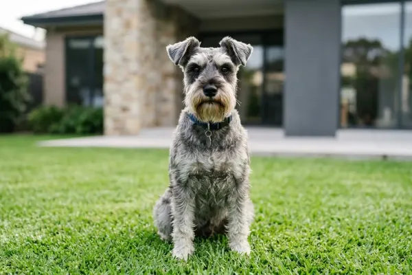 Purebred salt and pepper Miniature Schnauzer dog sitting attentively outdoors with signature beard and eyebrows.