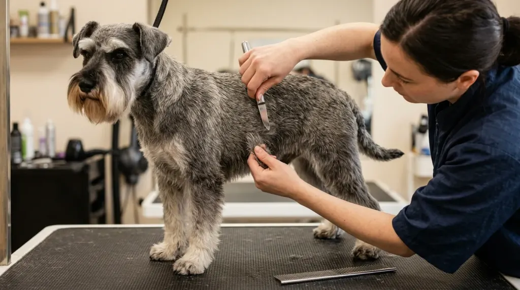 Grooming a Miniature Schnauzer coat with close-up focus on hand-stripping the wiry jacket and trimming facial beard.
