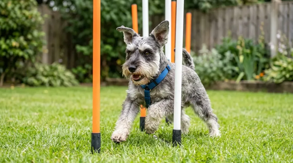 Miniature Schnauzer actively navigating training poles outdoors, demonstrating agility and alert terrier temperament.