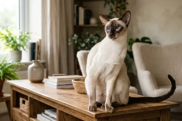 A purebred Siamese cat with vivid blue almond-shaped eyes and dark seal points resting in a sunlit home interior.
