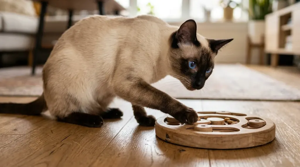 A playful Siamese cat engaging with an interactive puzzle toy on a wooden floor.