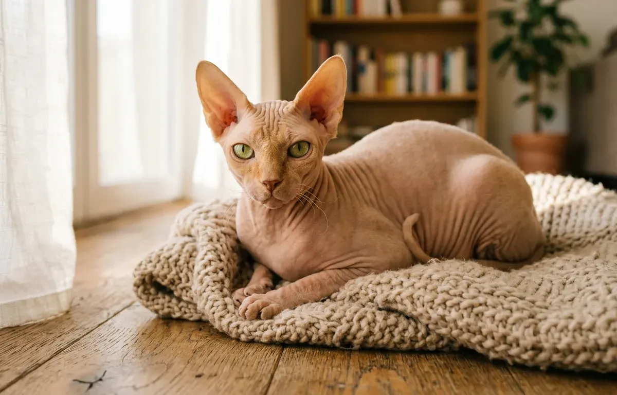 Canadian Sphynx cat breed resting on a warm blanket in a comfortable indoor room