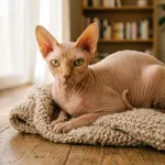 Canadian Sphynx cat breed resting on a warm blanket in a comfortable indoor room
