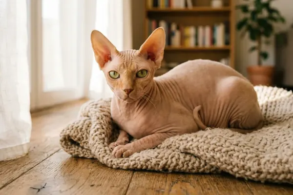 Canadian Sphynx cat breed resting on a warm blanket in a comfortable indoor room