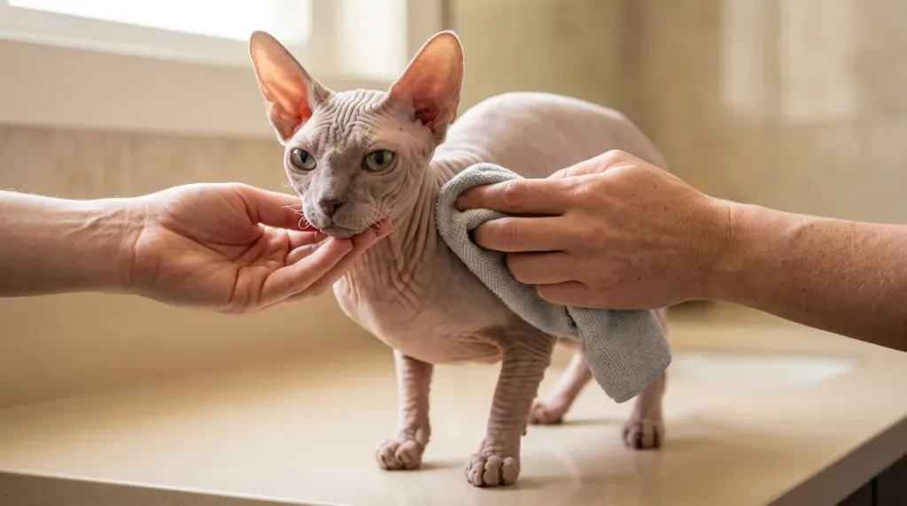 Routine skin hygiene and gentle skin fold cleaning for a hairless Sphynx cat