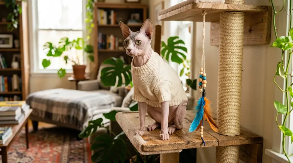 Sphynx cat wearing a soft sweater for warmth in an enriched indoor home environment